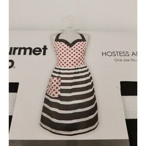 GOURMET CLUB HOSTESS APRON Black & White Stripes Red Polka Dots Retro Cotton NEW
